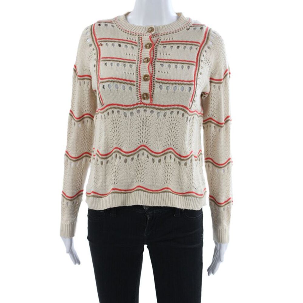Heartloom Women Striped Henley Sweater Ivory Cotton Size XS